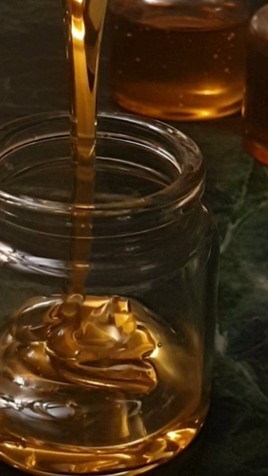 Thick raw honey being poured, settling at the bottom of a glass.